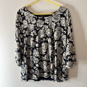 Croft & Barrow Top Womens 1X Black Beige Floral 3/4 Sleeve Lined New with Tags